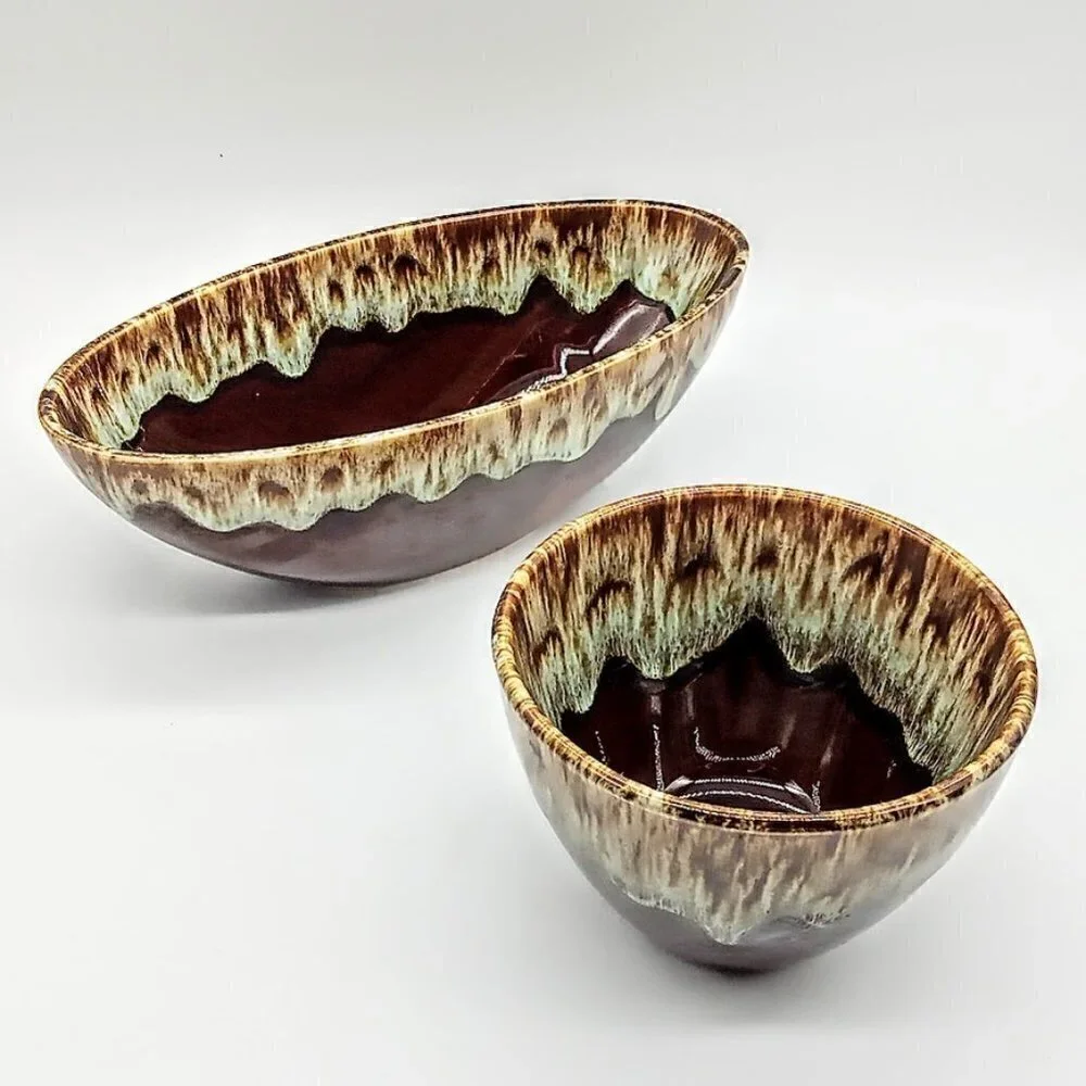 Set of 2 Vintage Canonsburg Ironstone Brown Drip Glaze Ceramic Bowls